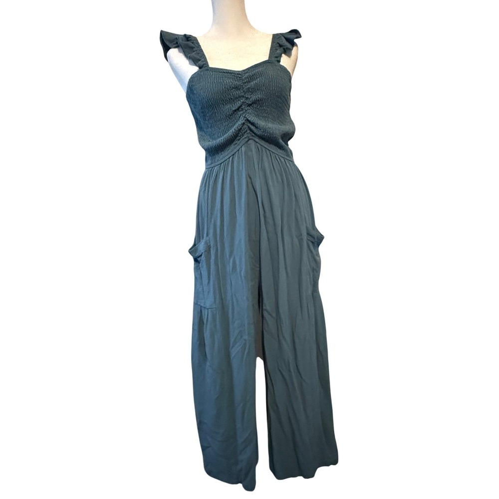 Unbranded Smocked Linen Blend Wide Leg Jumpsuit Dusty Blue Ruffle Strap Medium
